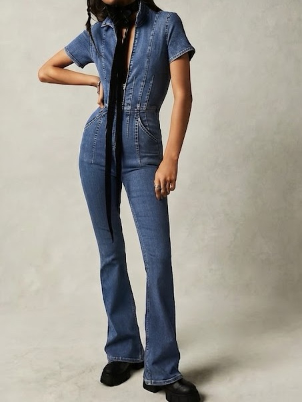 Free People We The Free Jayde Flare Jumpsuit Sunburst Blue Denim Flared Jumpsuit